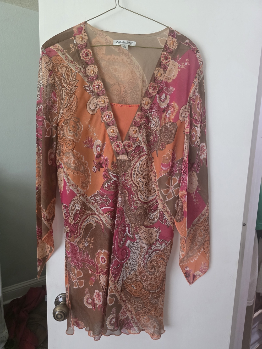 Coldwater Creek Pink, Orange & Brown Paisley V-Neck Tunic